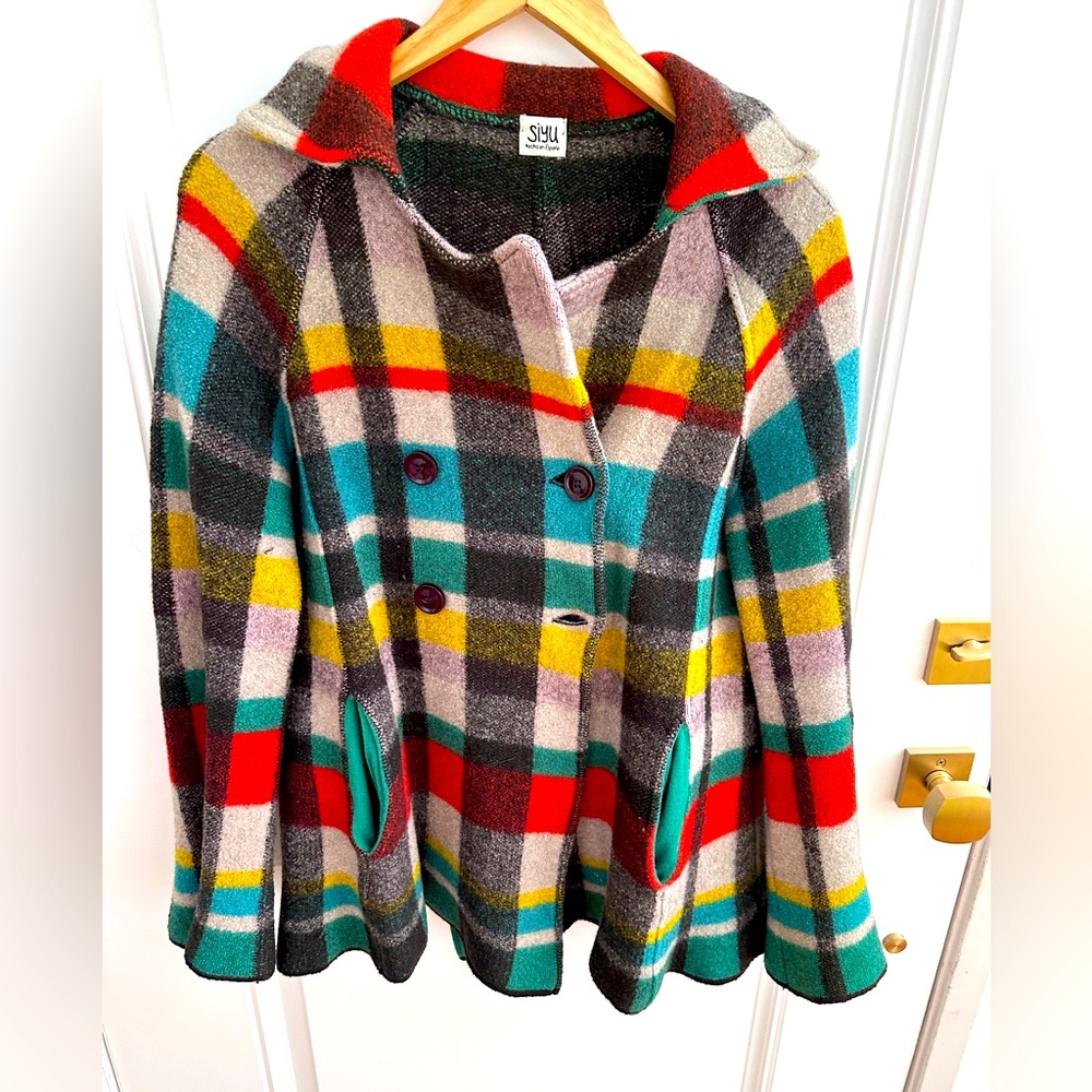 Anthropologie SIYU Multicolor Plaid 100% Wool Coat Size XL - Small - Picture 3 of 9